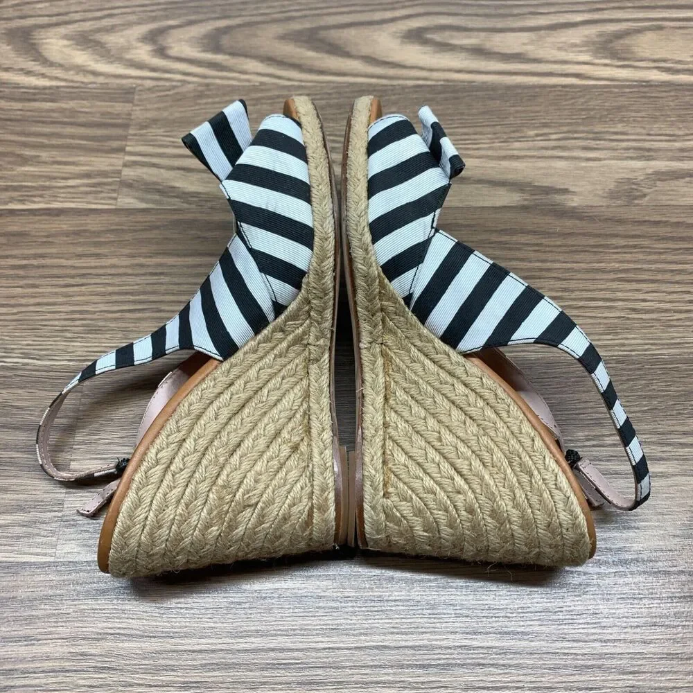 Kate‎ Spade Sandals 8.5 Black White Boardwalk Espadrille Slingback Stripes Wedge